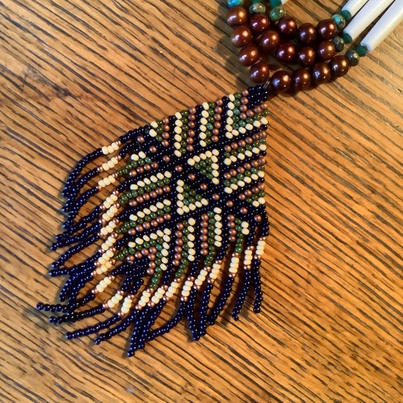 Turquoise Hair pipe Boho Pearl Festival Necklace with Fringed Beaded Pendant - Picture 2 of 3